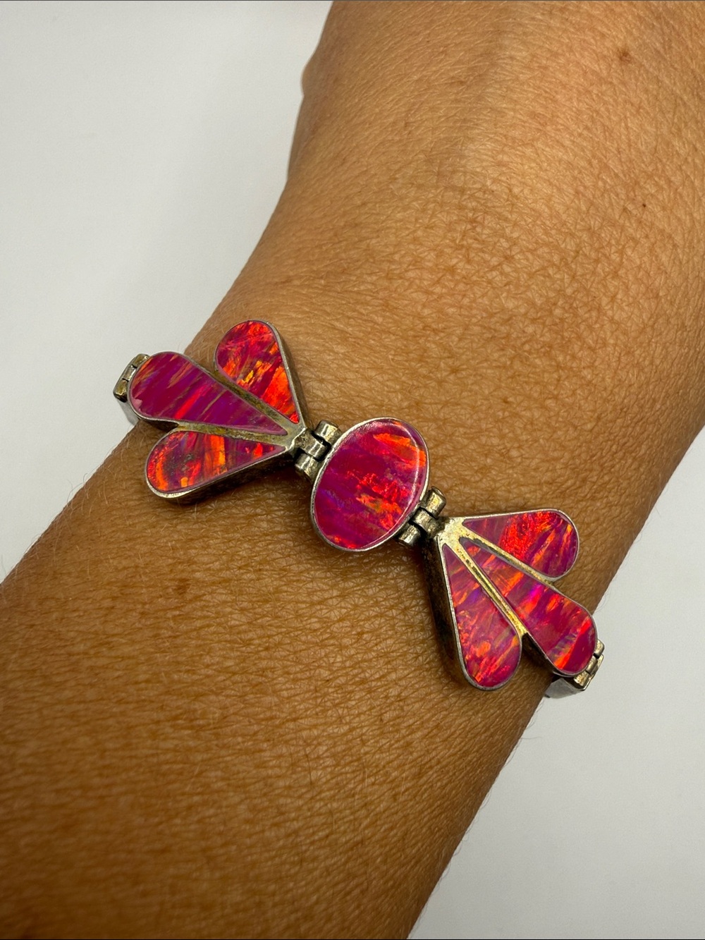 Vintage Mexico 925 Silver Pink Large Bangle Cuff Statement Bracelet